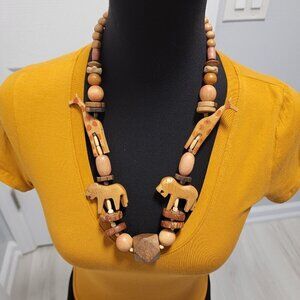 Vintage Carved Wooden Ethnic African Safari Animal Necklace